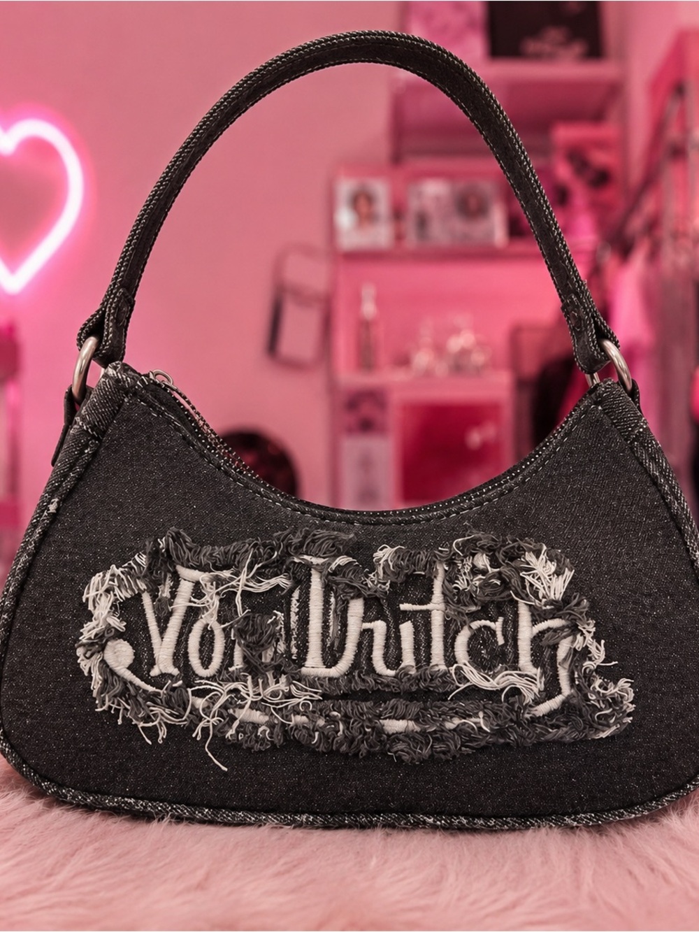 Von Dutch Black Denim Mini Shoulder Bag with Frayed Logo